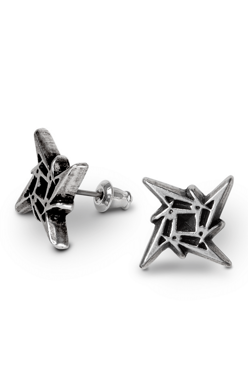 Metallica Ninja Star Pewter Logo Stud Earrings featuring a 3D sculpted design, perfect for fans of the legendary metal band.