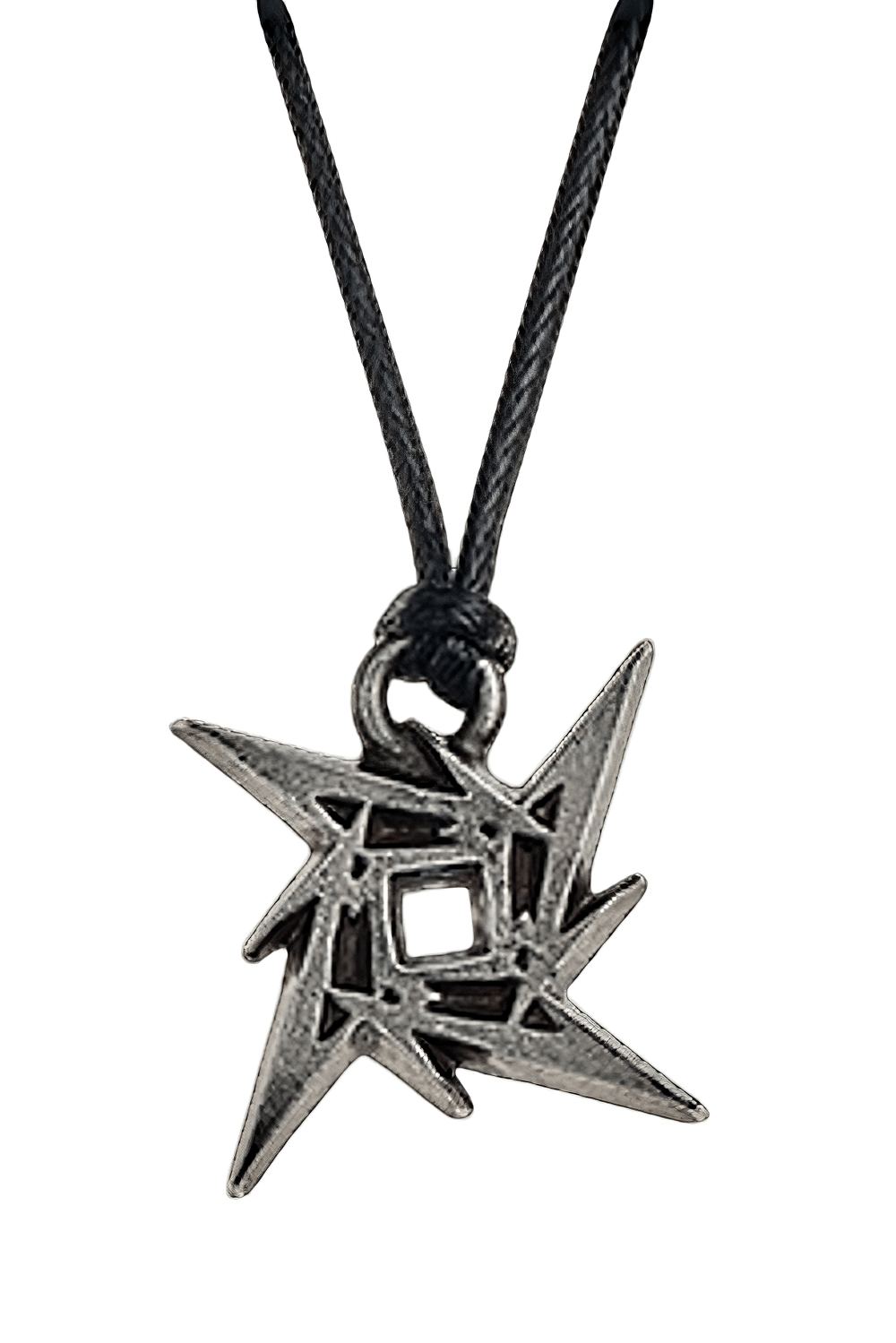 Metallica ninja star pendant in antiqued pewter on a black cord, perfect for rock fans and metal music lovers.
