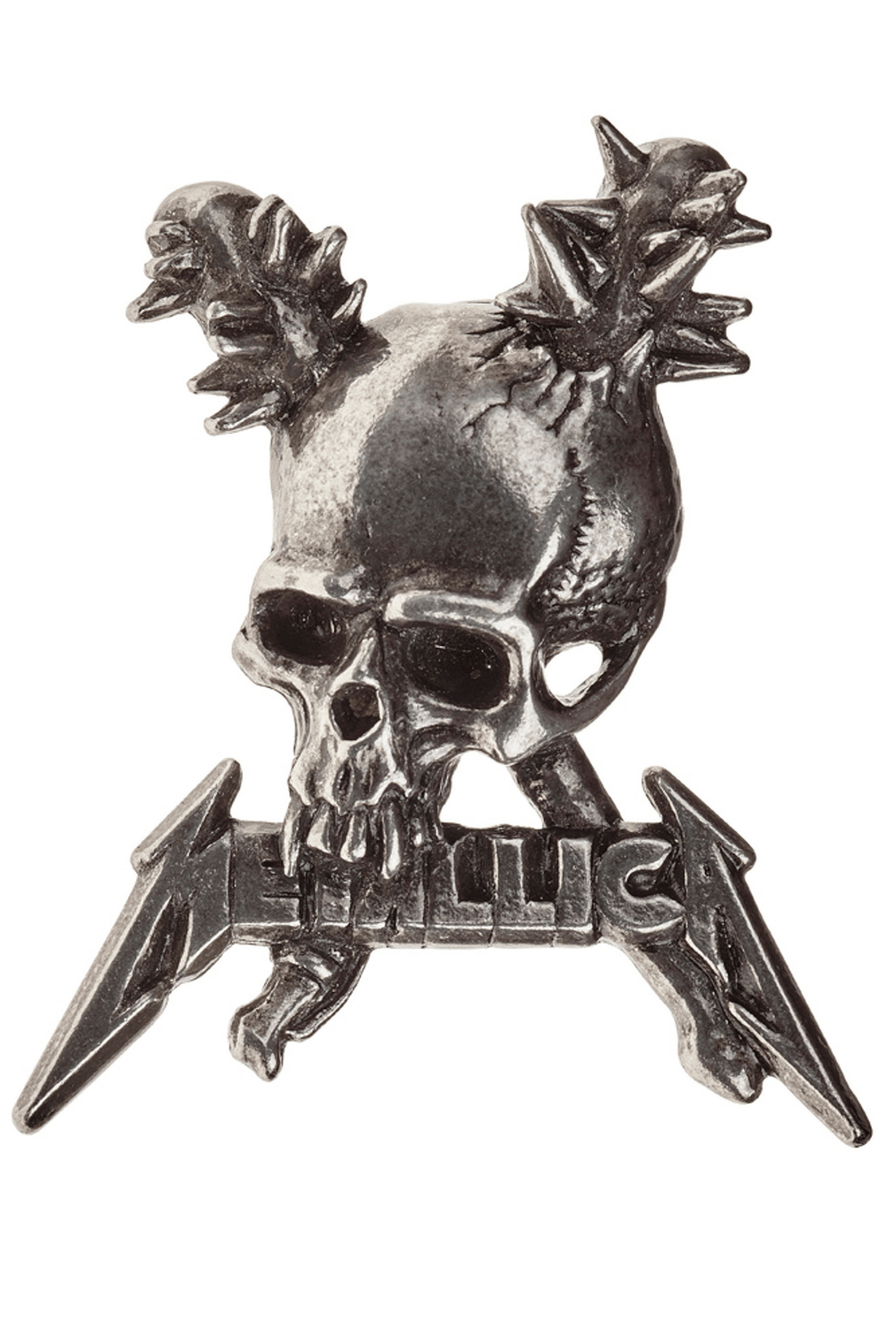 Antiqued Metallica skull pin badge with spiked war clubs, a must-have collectible for fans of rock memorabilia.