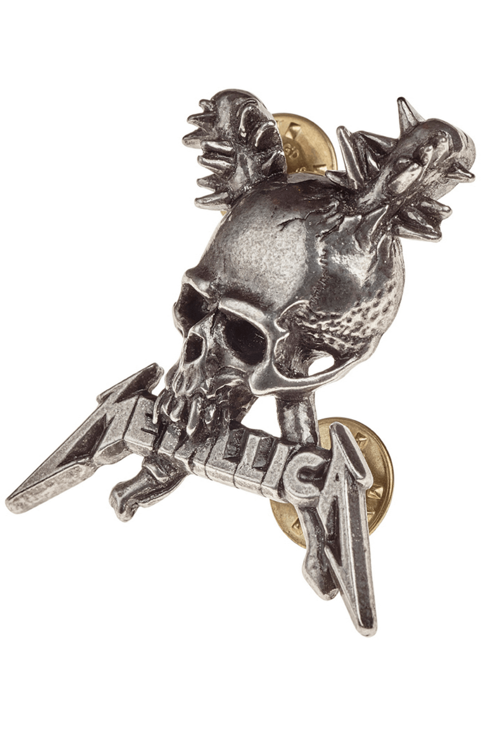 Metallica Skull Pin Badge with War Clubs, antiqued pewter collectible for fans.