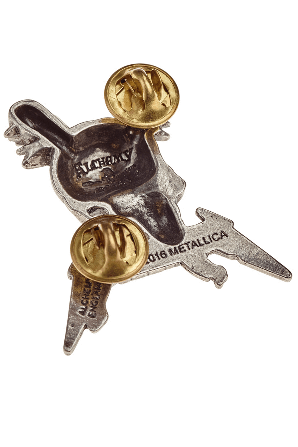 Antiqued Metallica skull pin badge with spiked war clubs design and clutch pins for secure fastening.