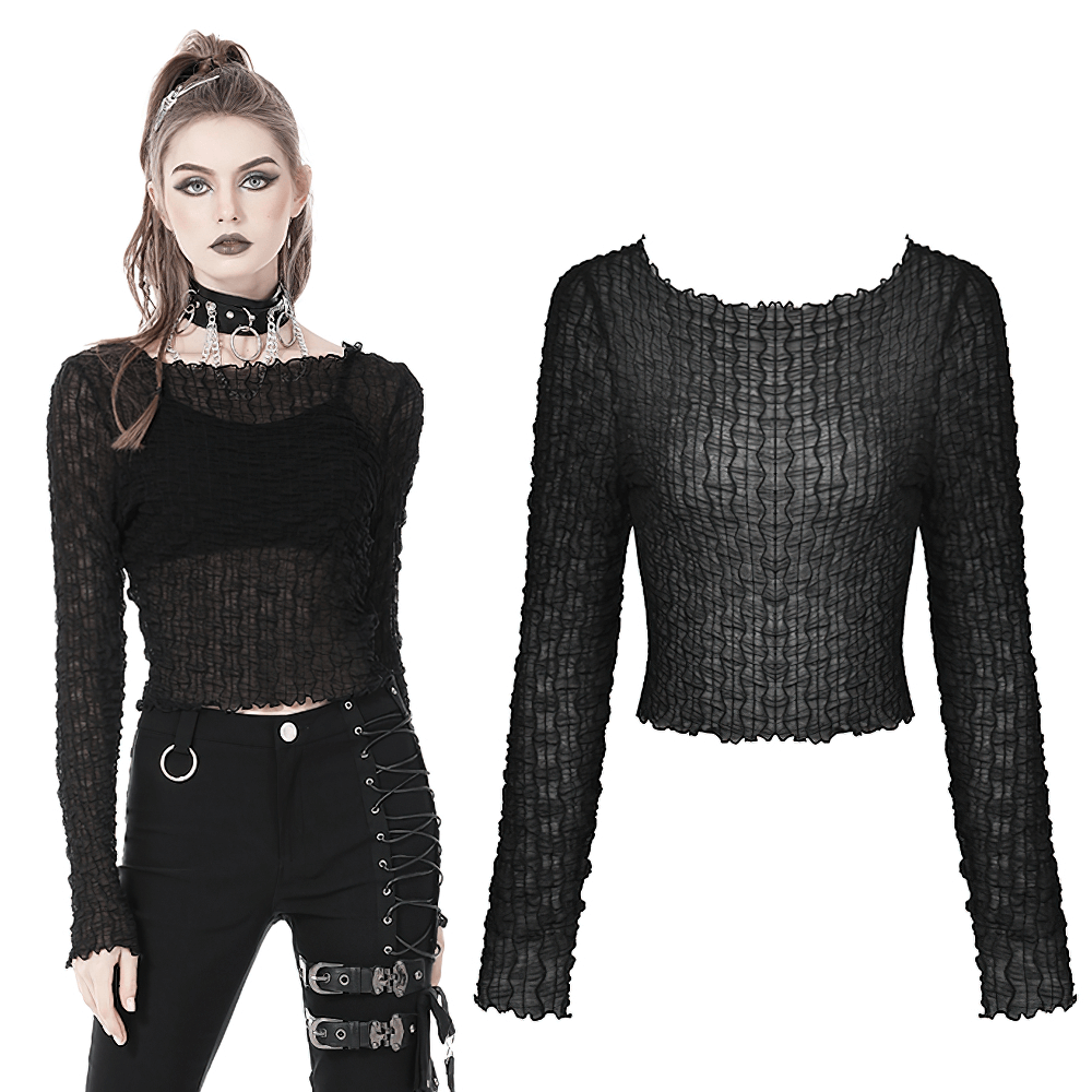 Micro-Permeable and Edgy Mesh Long Sleeves Crop Top