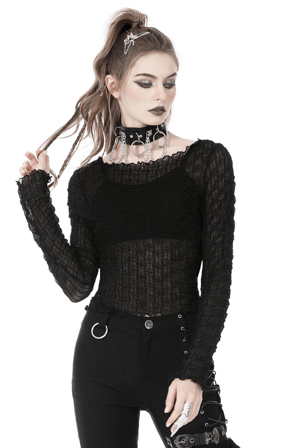 Micro-Permeable and Edgy Mesh Long Sleeves Crop Top