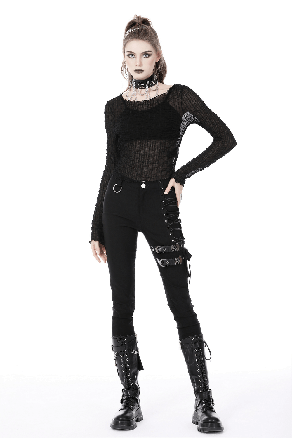 Micro-Permeable and Edgy Mesh Long Sleeves Crop Top