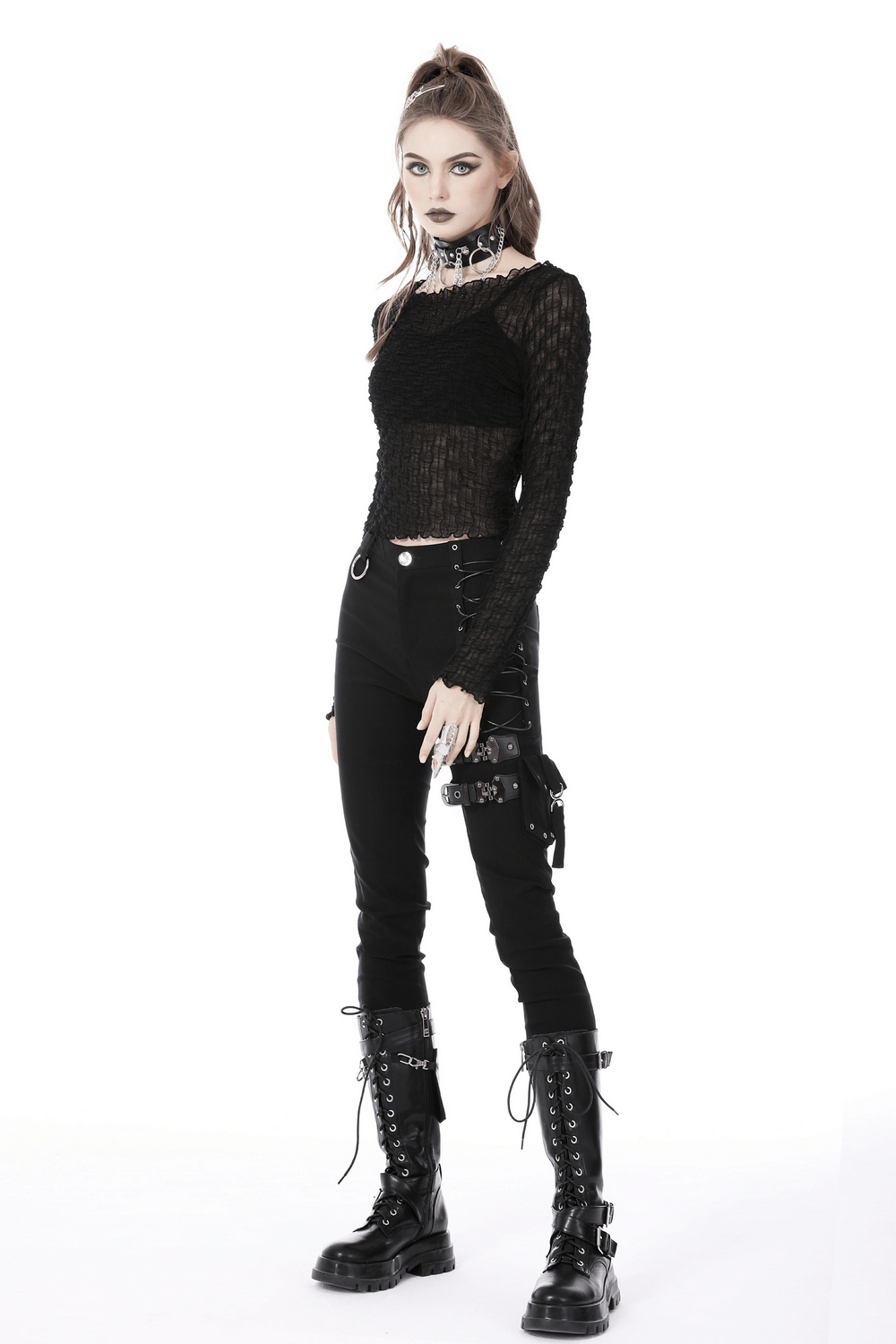 Micro-Permeable and Edgy Mesh Long Sleeves Crop Top