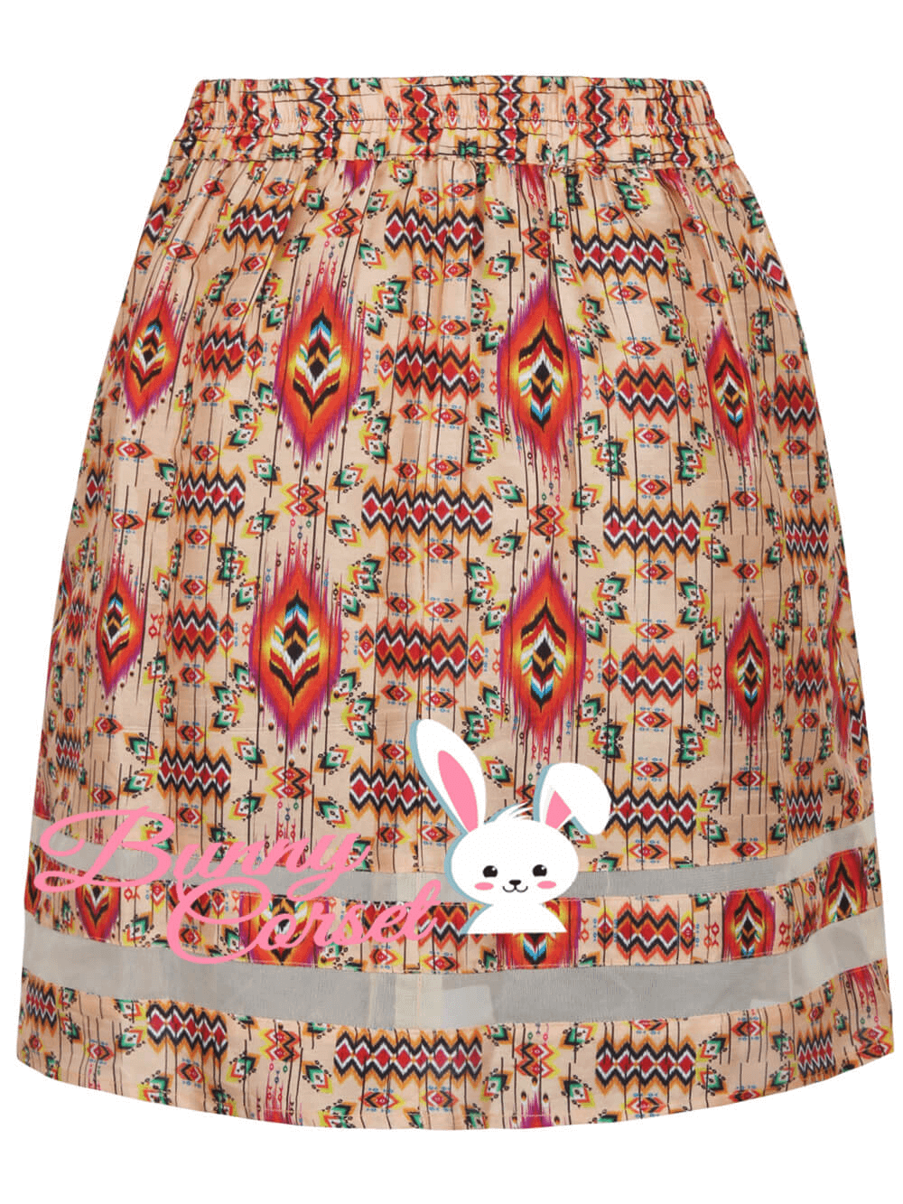 Colorful tribal pattern midi skirt for women with side zipper and cute bunny graphic.