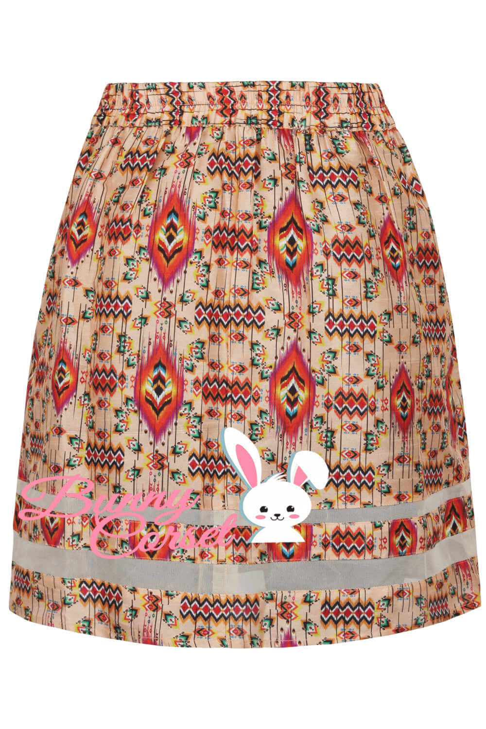 Colorful tribal pattern midi skirt for women with side zipper and cute bunny graphic.
