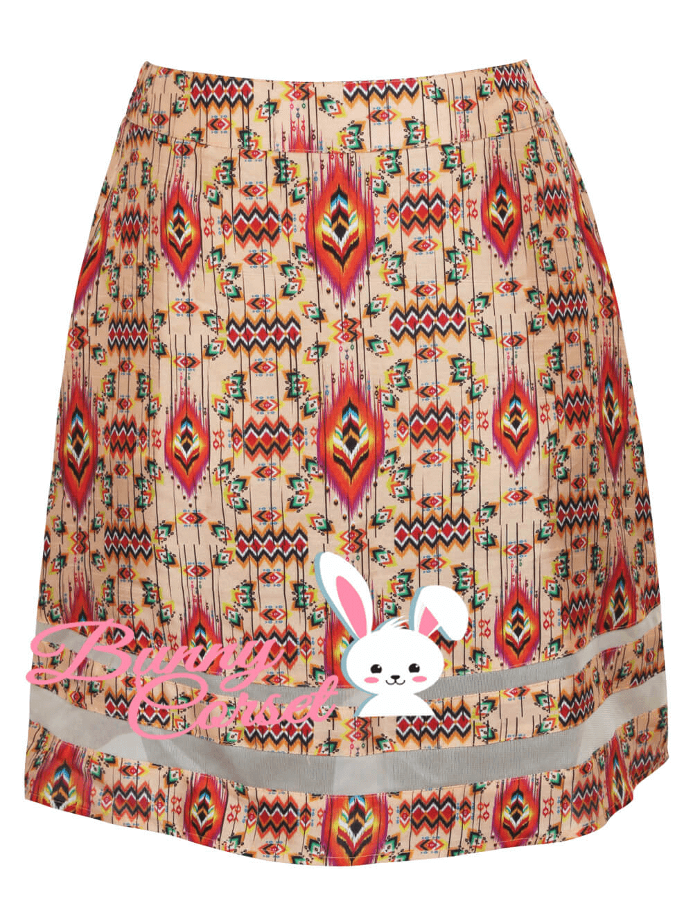 Colorful tribal print midi skirt with cute bunny design and gray trim, perfect for stylish women.