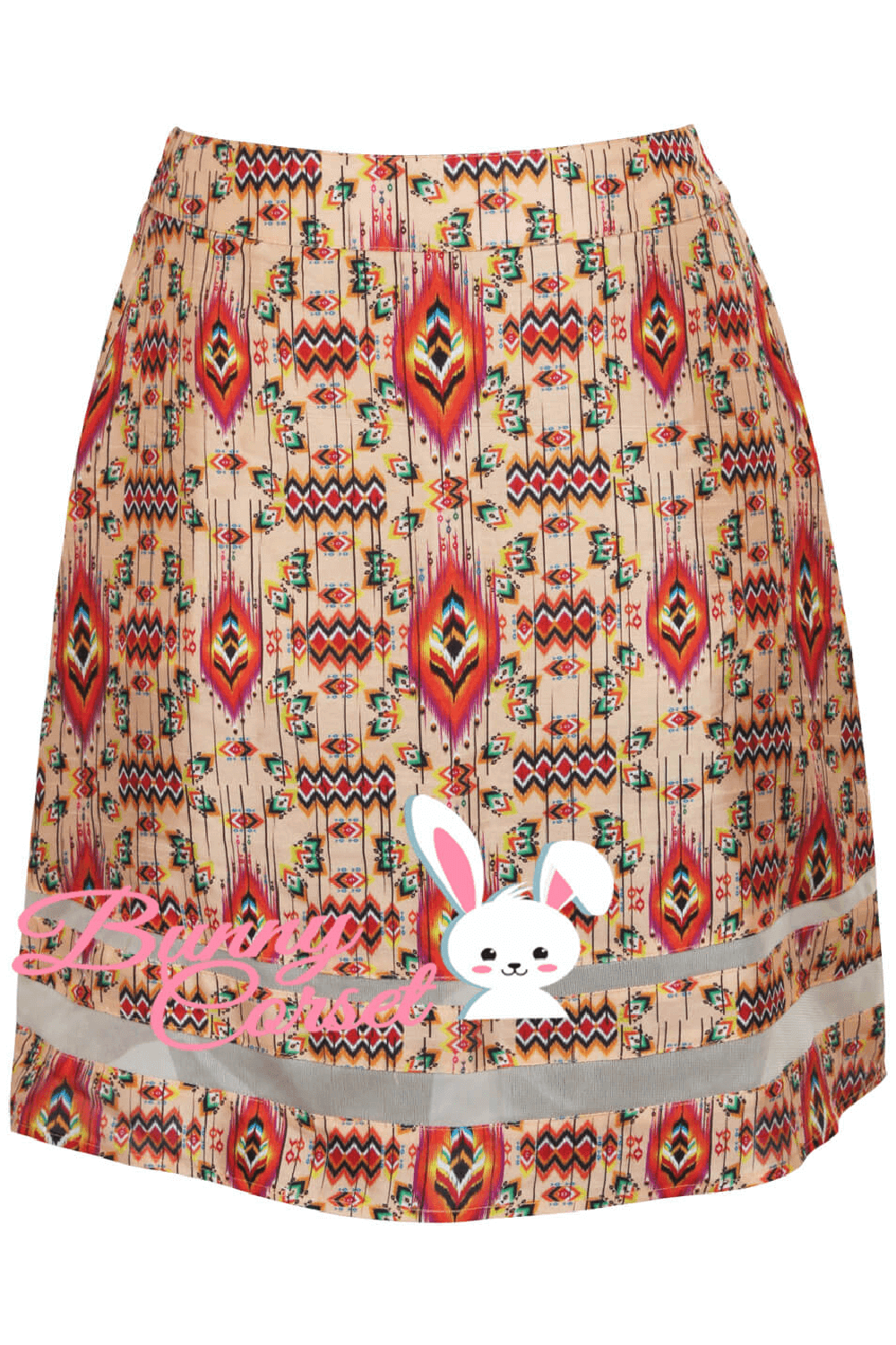 Colorful tribal print midi skirt with cute bunny design and gray trim, perfect for stylish women.