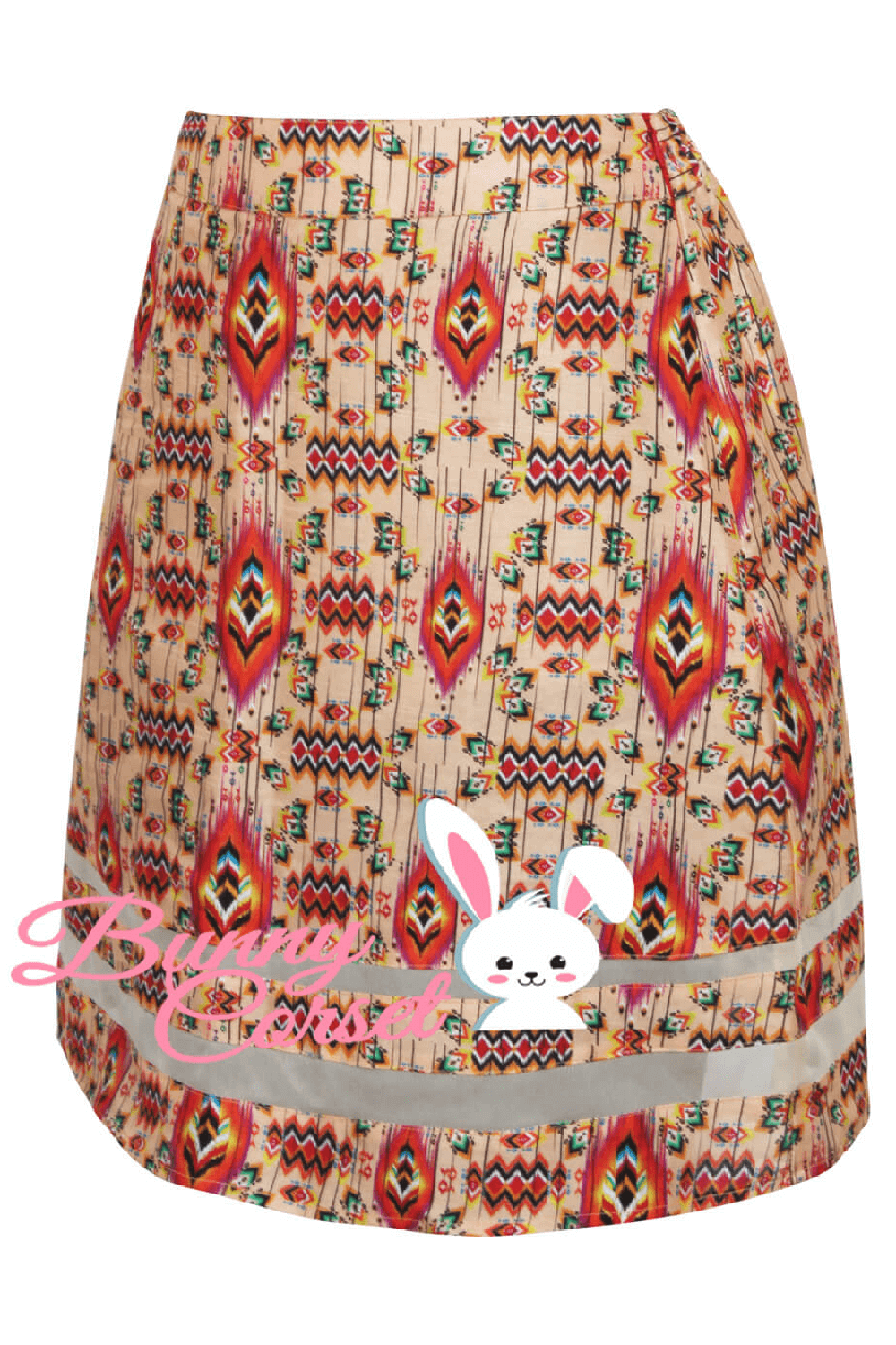 Vibrant midi skirt with colorful tribal patterns and side zipper, perfect for stylish women.