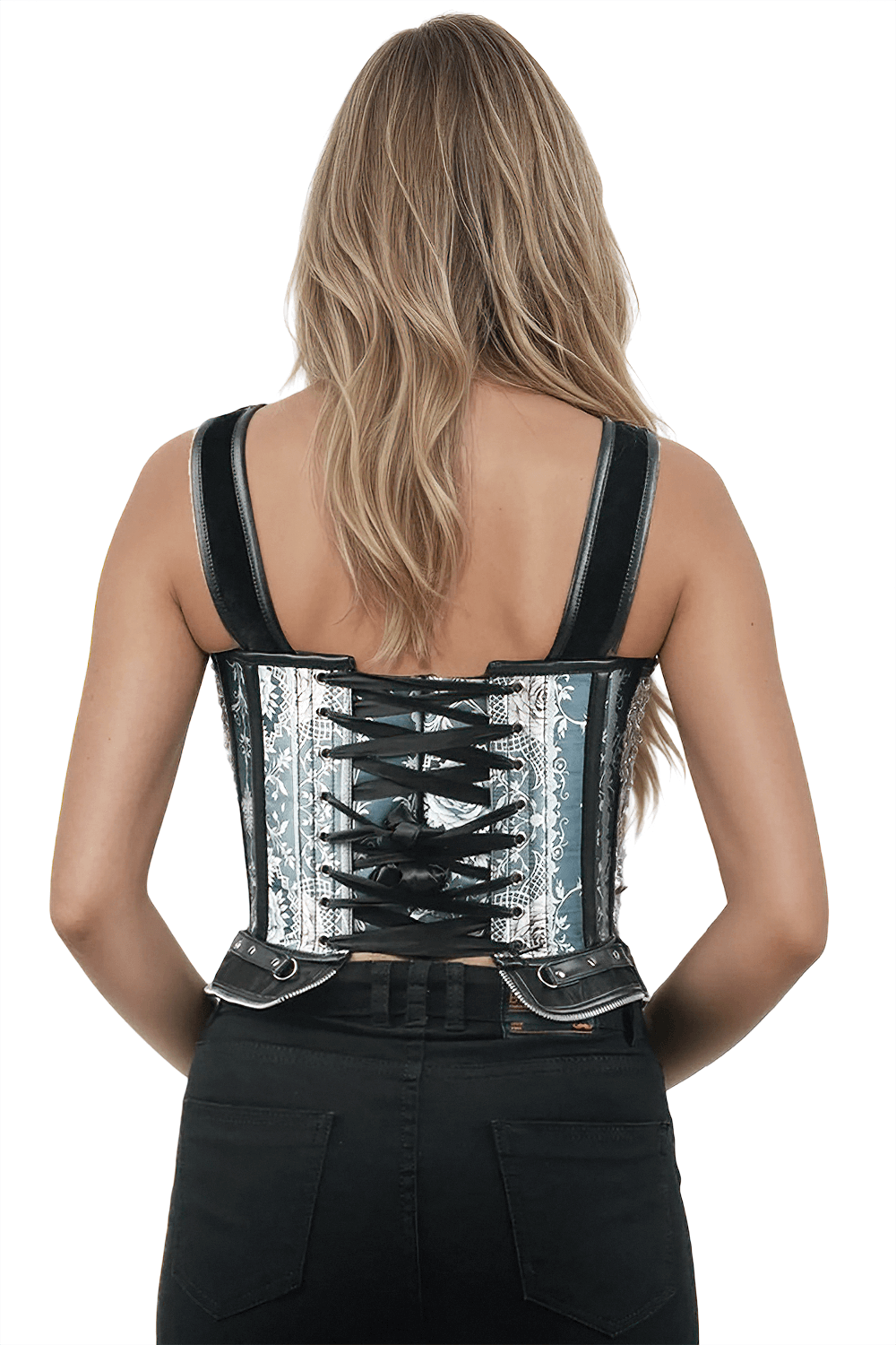 Midnight Enchanted Gothic Overbust Corset with Zippers featuring a laced back and stylish buckle straps.