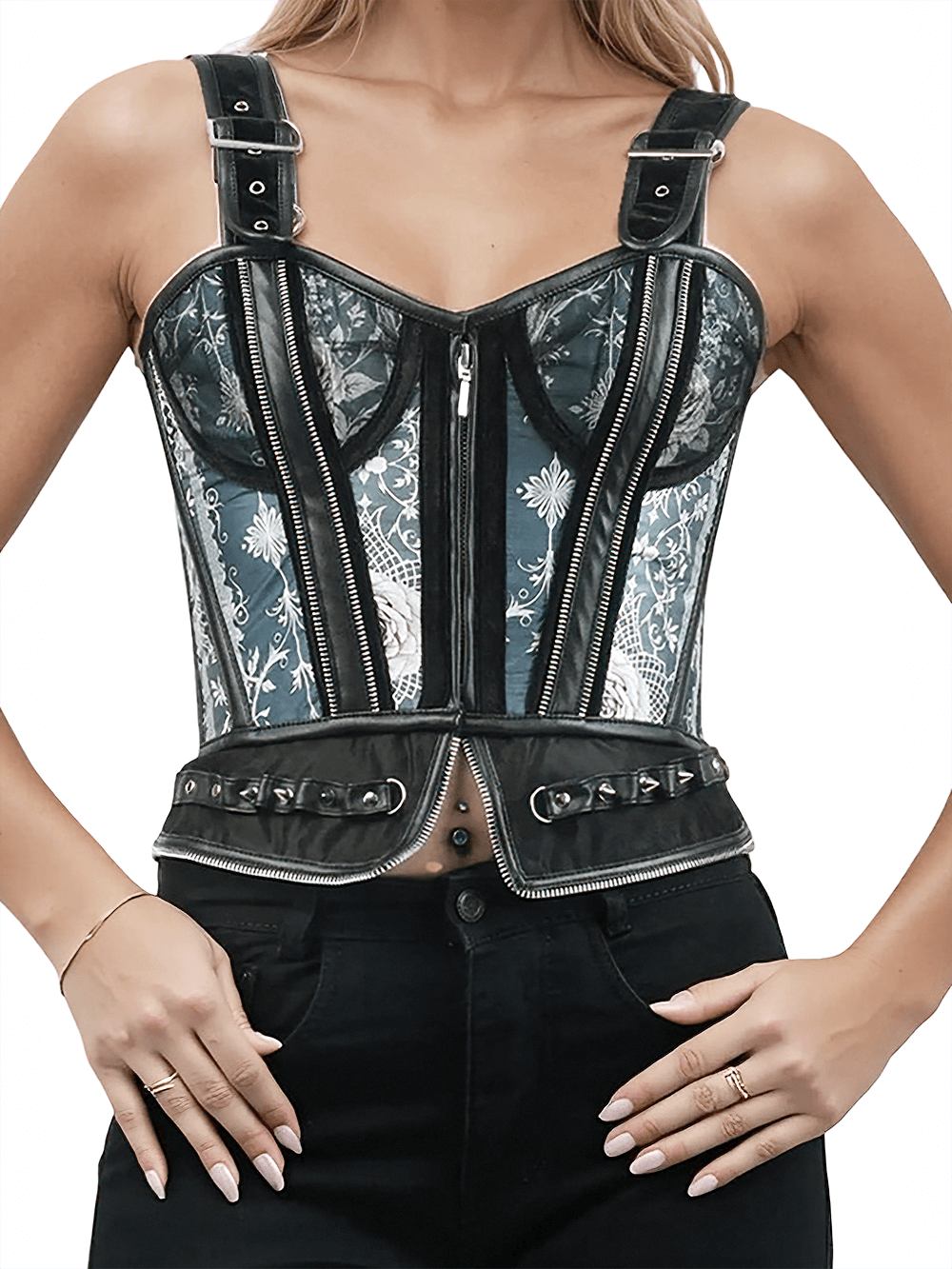 Midnight Enchanted Gothic Overbust Corset with Zippers featuring icy blue lace motifs and adjustable buckle straps.