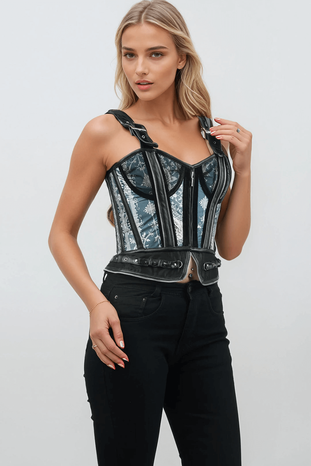 Midnight Enchanted Gothic Overbust Corset with Zippers showcasing icy blue and black elegance.