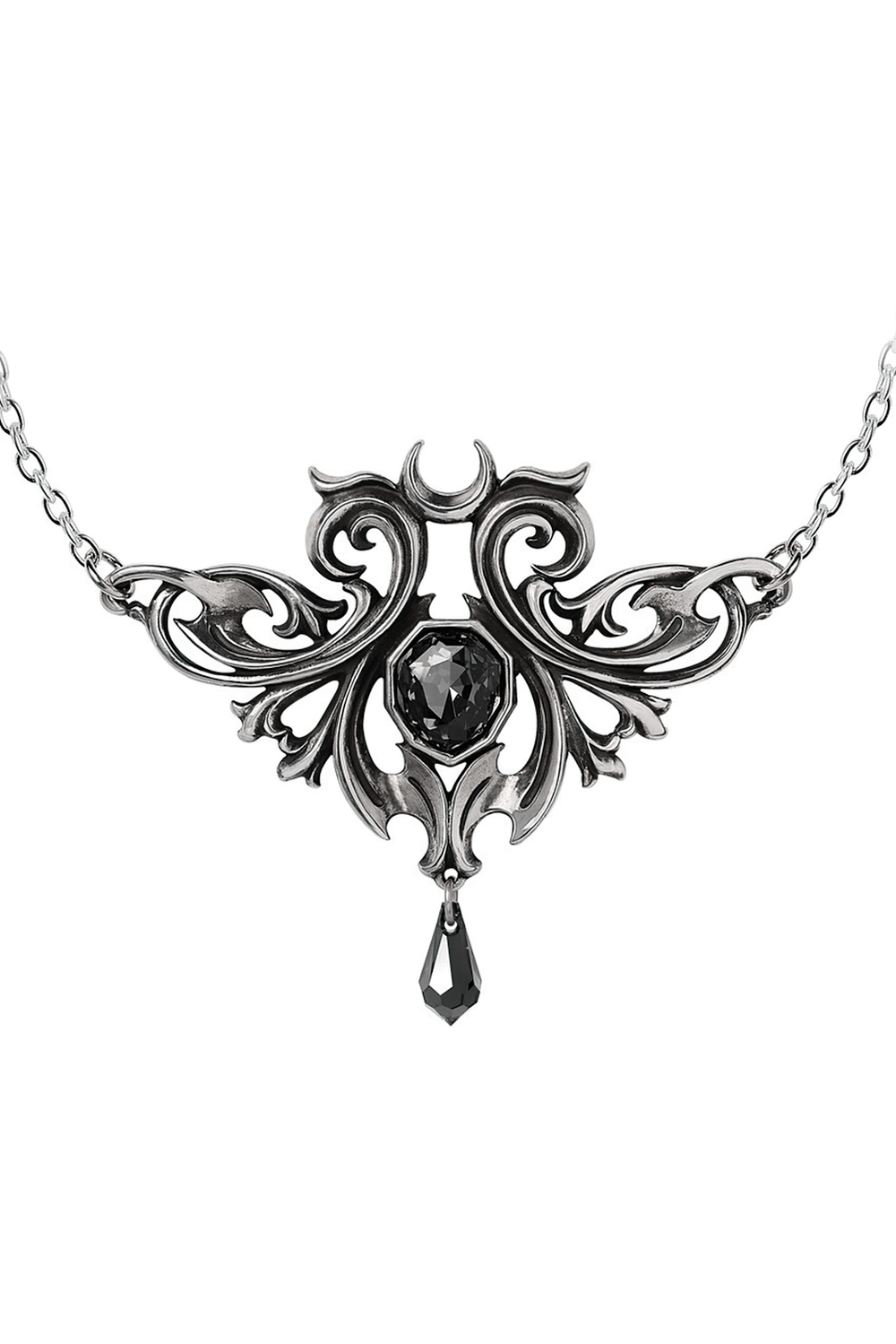 Elegant Midnight Memorial Baroque Pendant with black crystal drop and intricate silver design.