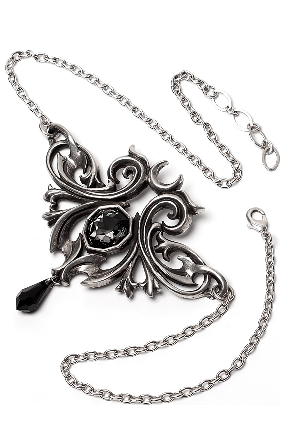 Midnight Memorial baroque pendant with black crystal drop and intricate silver design, perfect for elegant occasions.