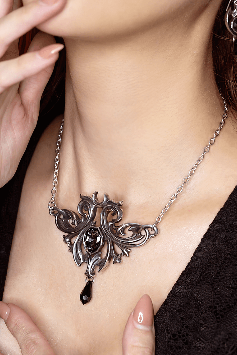 Midnight Memorial Baroque Pendant with black crystal drop, capturing dark elegance and intricate Austrian crystal design.
