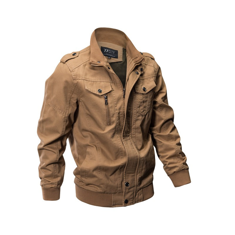 Men's military-style jacket in tan, featuring multiple pockets and stylish design for casual wear.