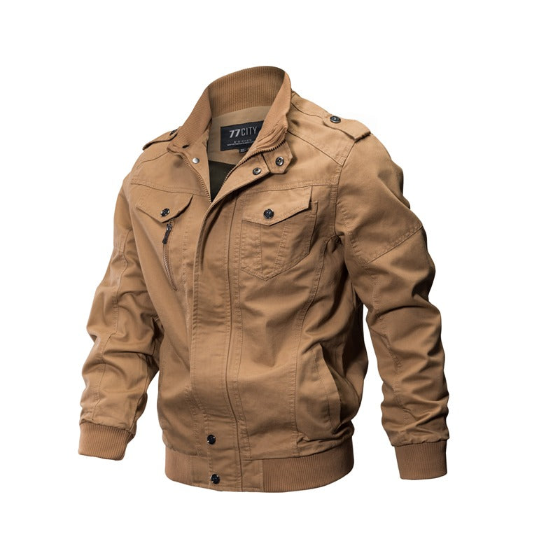 Men's military-style jacket in khaki, featuring multiple pockets and stylish design for comfort and durability.