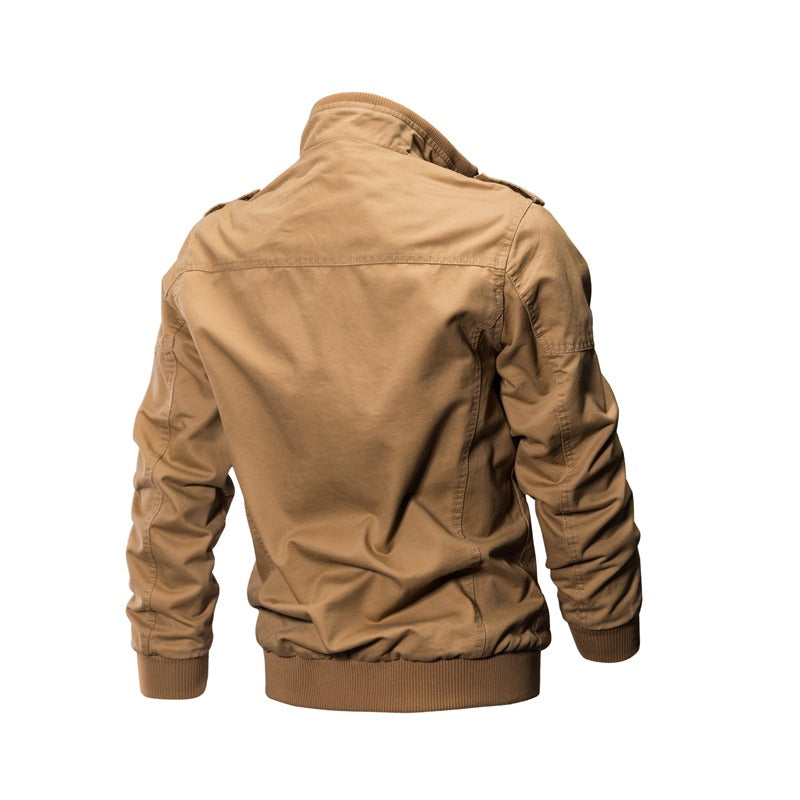 Back view of a stylish military Air Force jacket for men, showcasing cotton fabric and elastic sleeves.