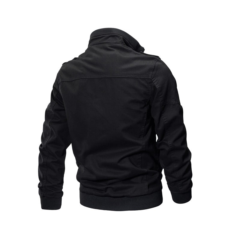 Back view of men's black military Air Force jacket with stylish collar and elastic sleeves.