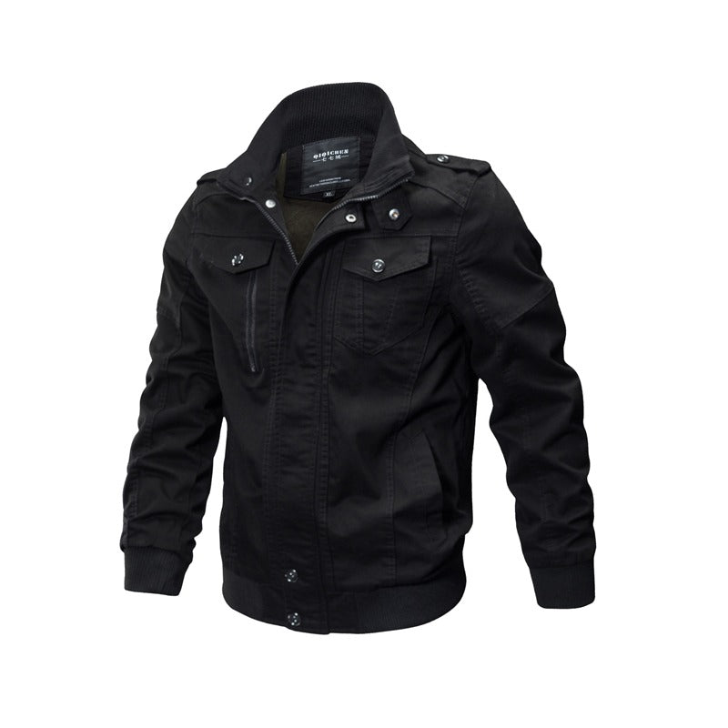 Men's military-style black Air Force jacket with five pockets and U.S. Army shoulder strap.