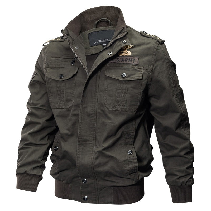Men's military-style Air Force jacket in olive green with five pockets and 'U.S. ARMY' shoulder strap.