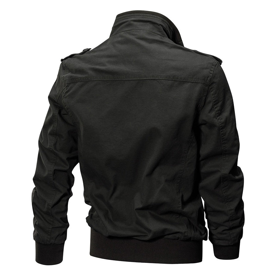 Men's military-style black Air Force jacket, showcasing stylish back design and elastic band cuffs.