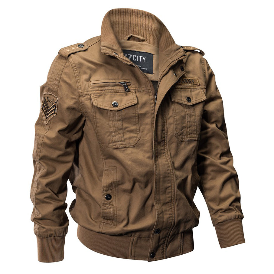 Men's military-style cotton bomber jacket in brown with multiple pockets and U.S. Army shoulder insignia.