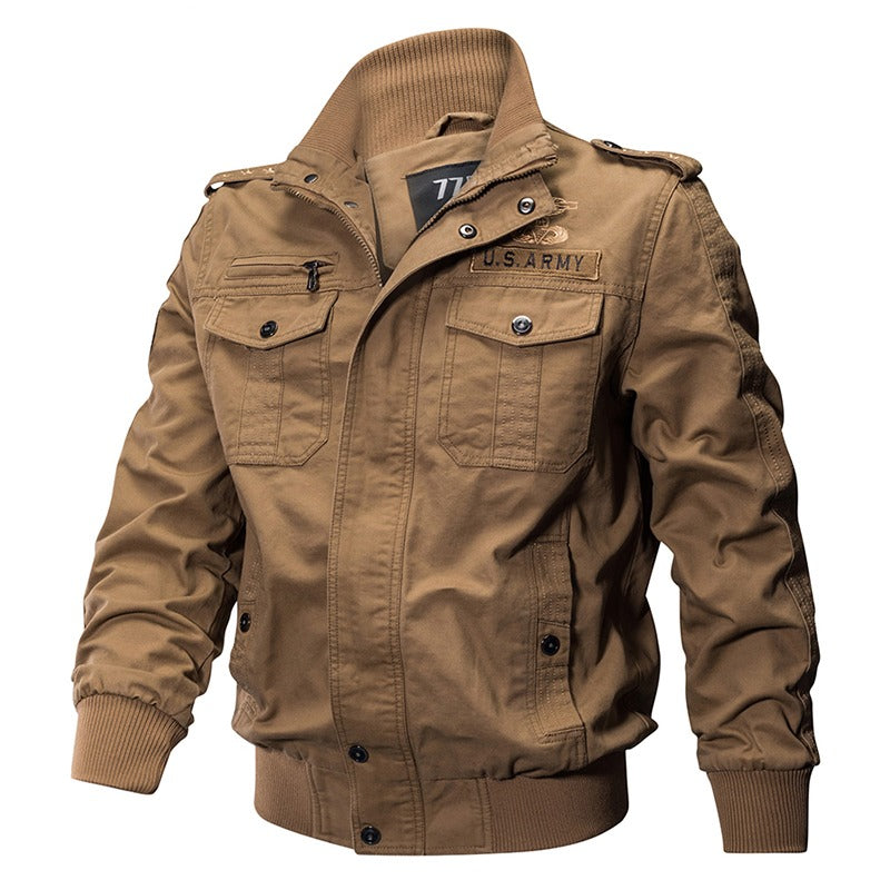 Men's Military Air Force Jacket in tan with U.S. Army shoulder strap and multiple pockets, perfect for stylish comfort.