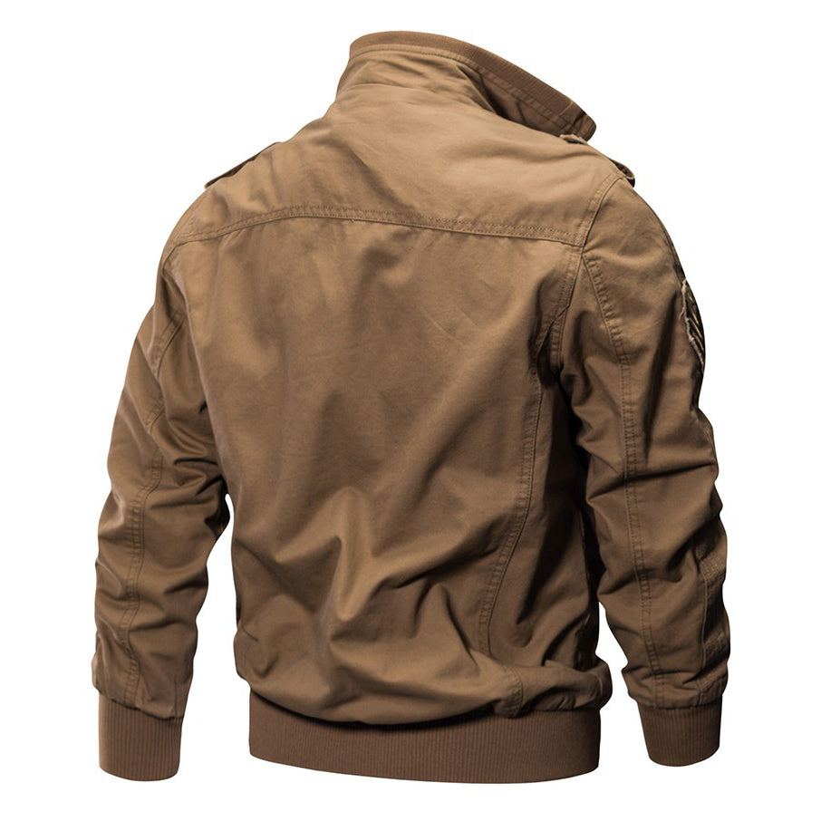 Back view of a men's military-style Air Force jacket in brown, featuring a comfortable cut and stylish design.
