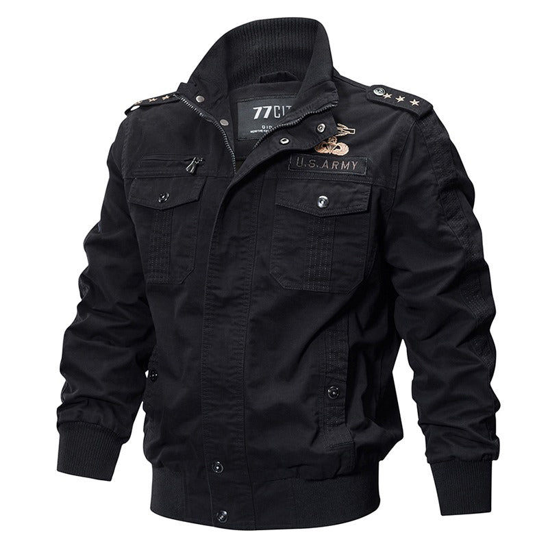 Men's US Army black military bomber jacket with multiple pockets and shoulder strap, stylish and comfortable.