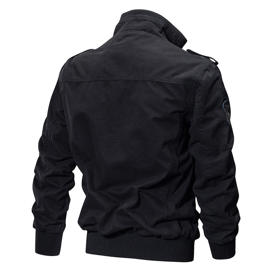 Back view of a stylish black military Air Force jacket for men, showcasing the elastic cuffs and shoulder strap.