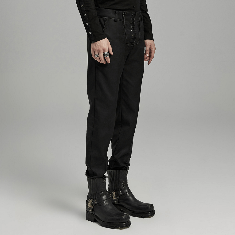 Military Inspired Black Lace-up Pants with Pockets