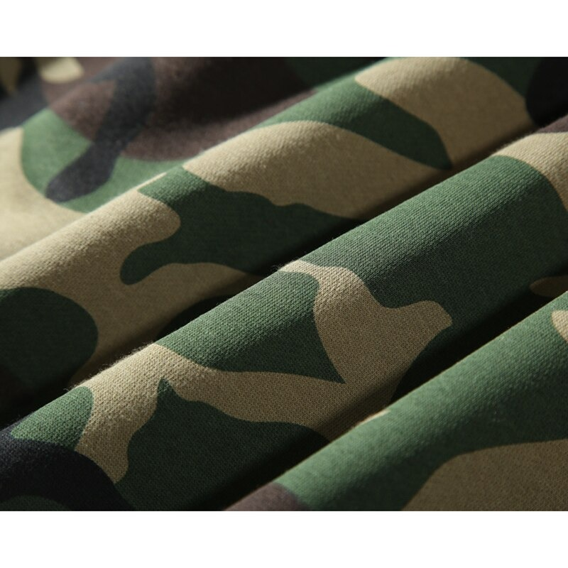 Close-up of military camouflage fabric showcasing green and beige patterns for men's hoodies.