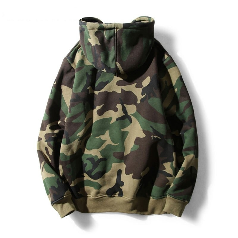 Stylish men's military army green hoodie with a fashionable camouflage print on the back.