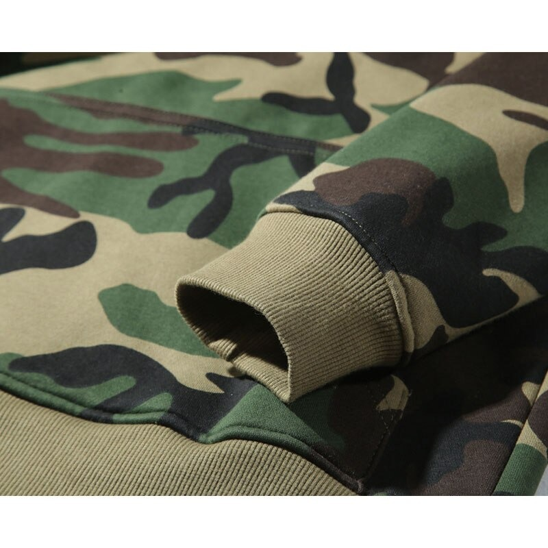 Close-up of a military male army green hoodie showcasing its camouflage pattern and comfortable fleece fabric.