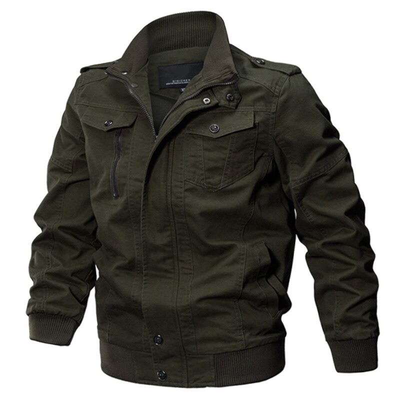 Men's military cotton jacket with zipper and turn-down collar in olive green, perfect for casual and military-style outfits.