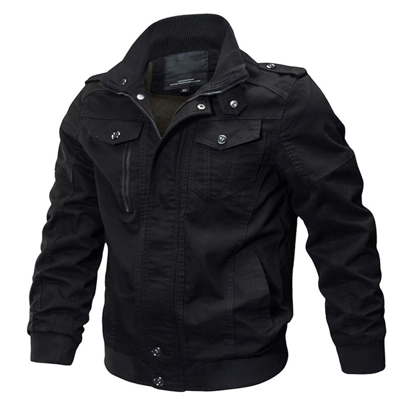Men's military cotton jacket in black with zipper and turn-down collar for casual outfits.
