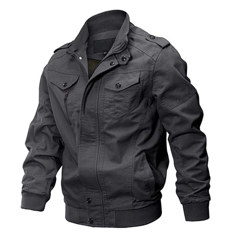 Men's military cotton jacket with zipper, turn-down collar, and pockets for casual and military styles.