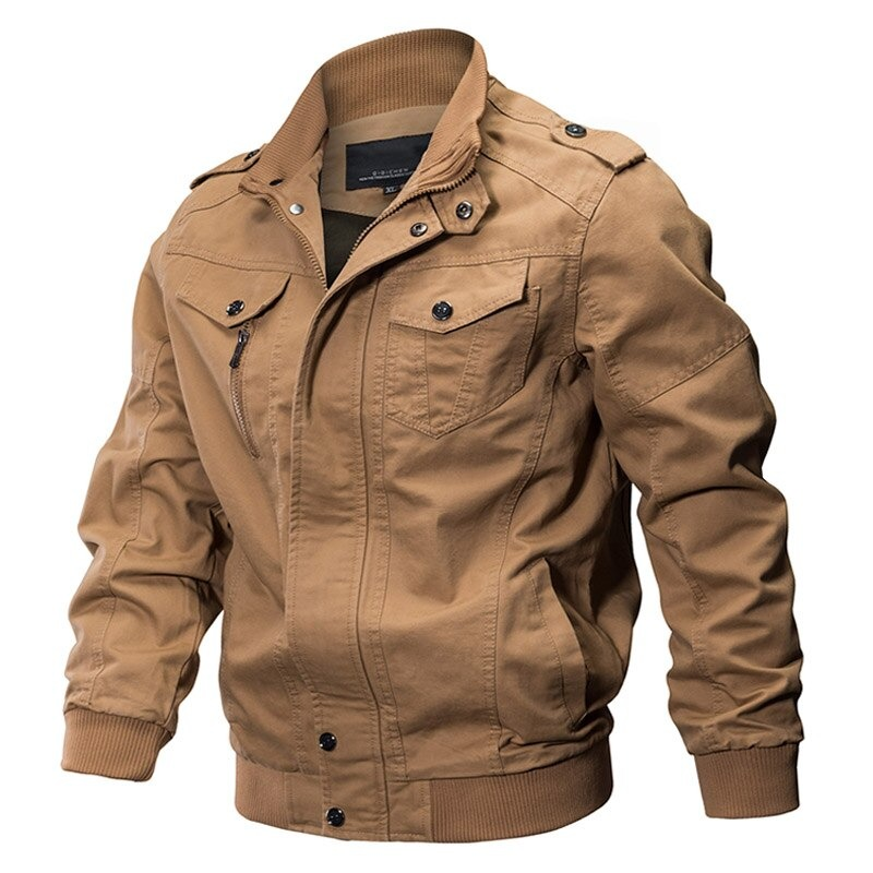 Tan military men's cotton jacket with zipper and turn-down collar, perfect for casual outfits.
