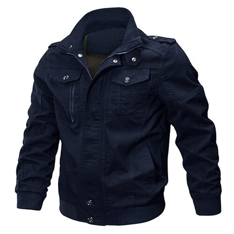 Men's military cotton jacket with zipper, turn-down collar, and pockets, perfect for casual outfits.