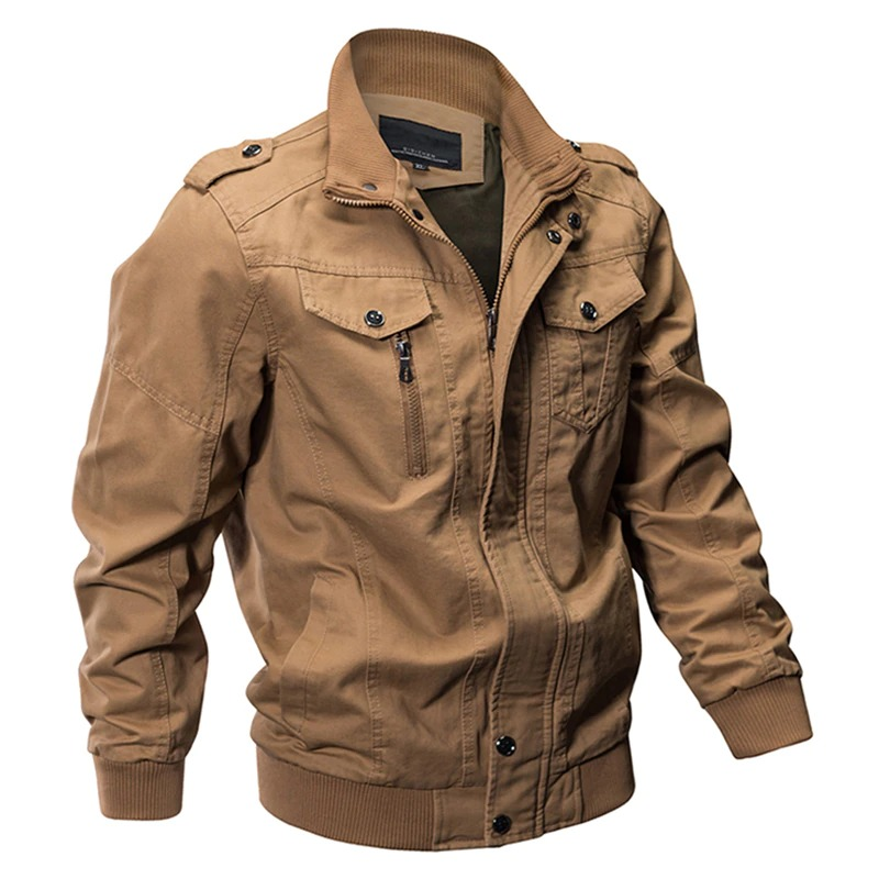 Men's military cotton jacket in tan with turn-down collar and zipper, perfect for casual outfits.