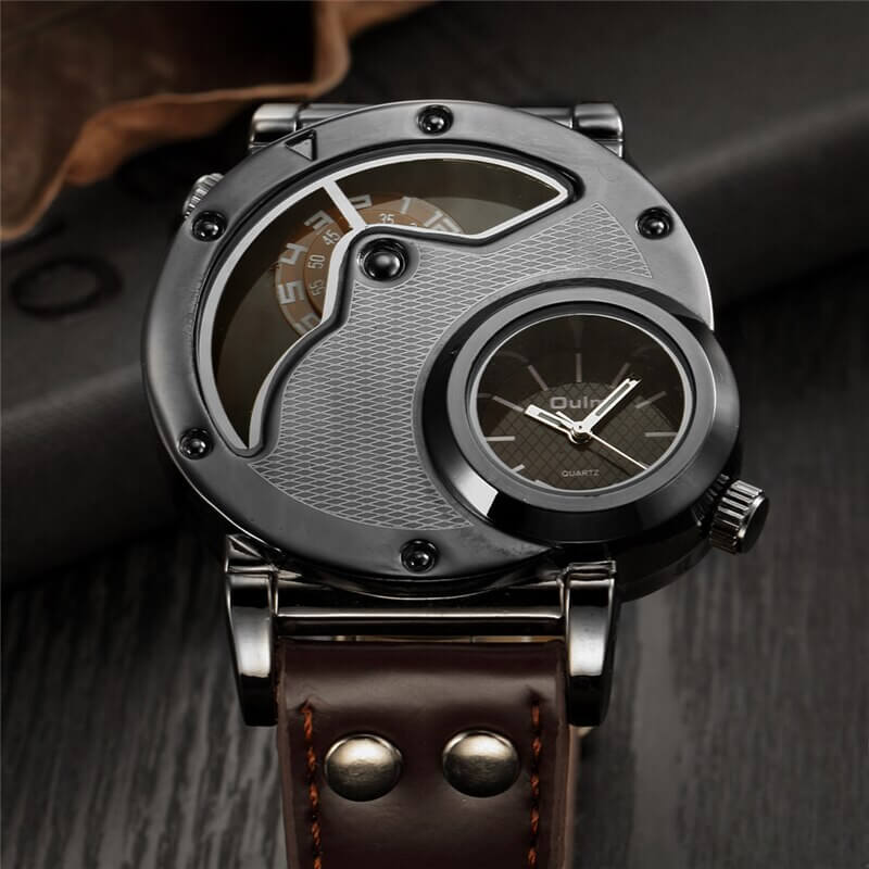 Military-style men's antique watch with PU leather strap and unique dial design, showcasing rugged functionality and elegance.