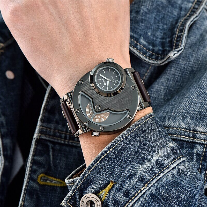 Men's military-style wristwatch with unique design and PU leather strap, perfect for modern rugged sophistication.