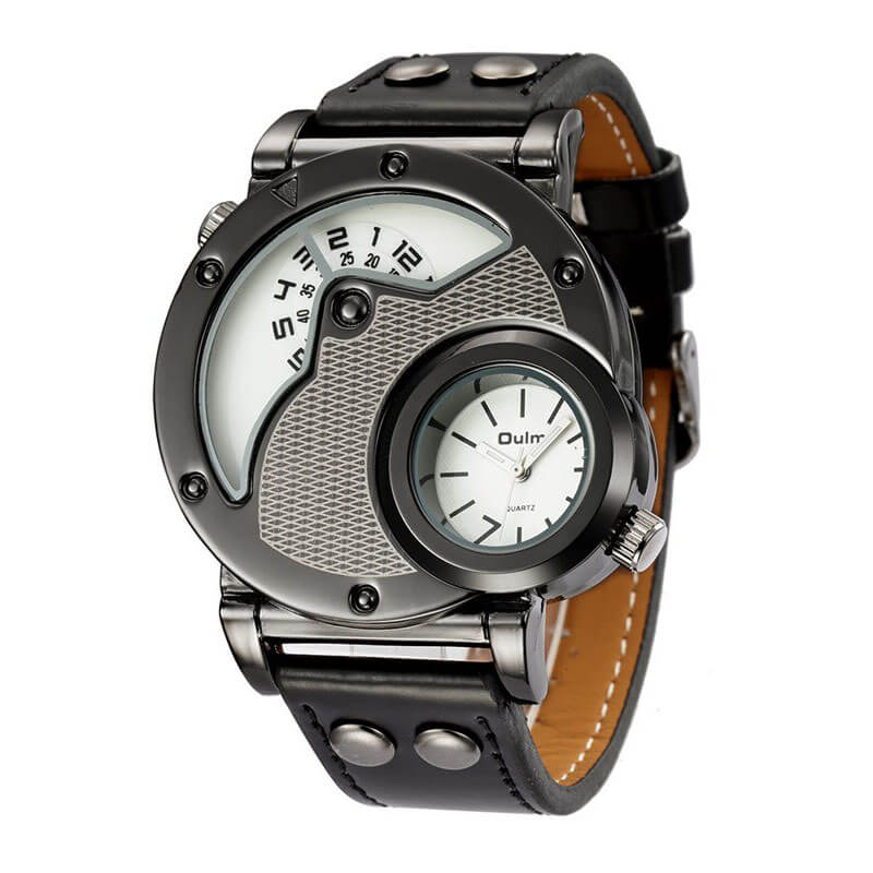 Military-style men's quartz watch with unique dual dial and PU leather strap, perfect for rugged sophistication.