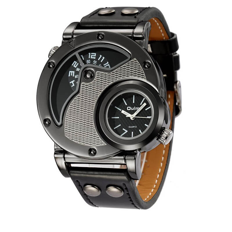 Military-style quartz wristwatch with PU leather strap and unique dual dial design, perfect for rugged sophistication.