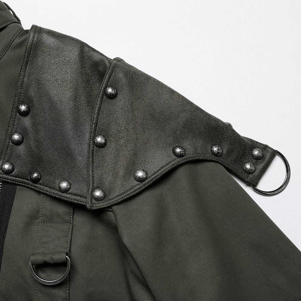 Close-up of military style short jacket featuring distressed rivets and adjustable collar in edgy punk design.