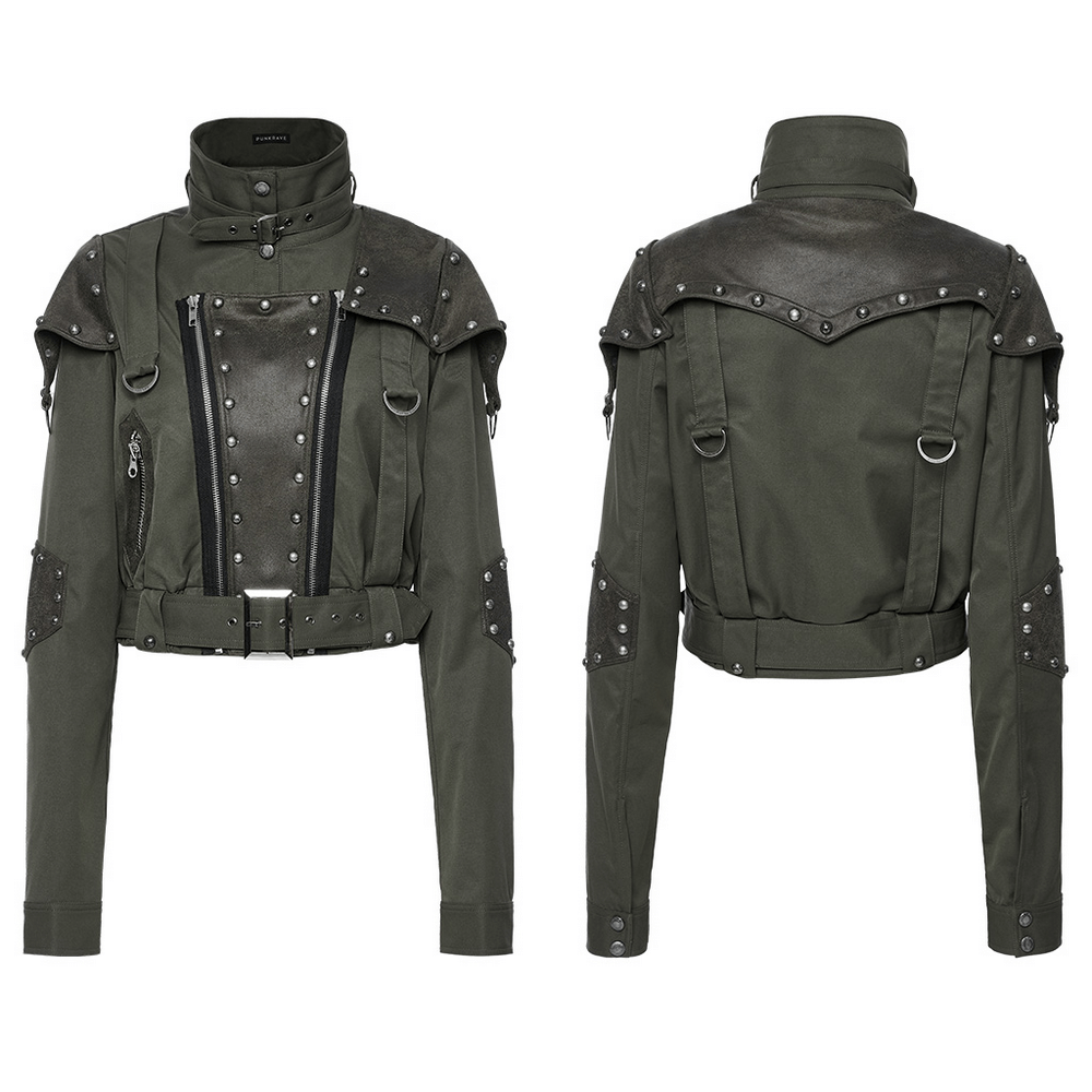 Edgy military style short jacket with adjustable collar, distressed rivets, and a modern punk design in dark green.