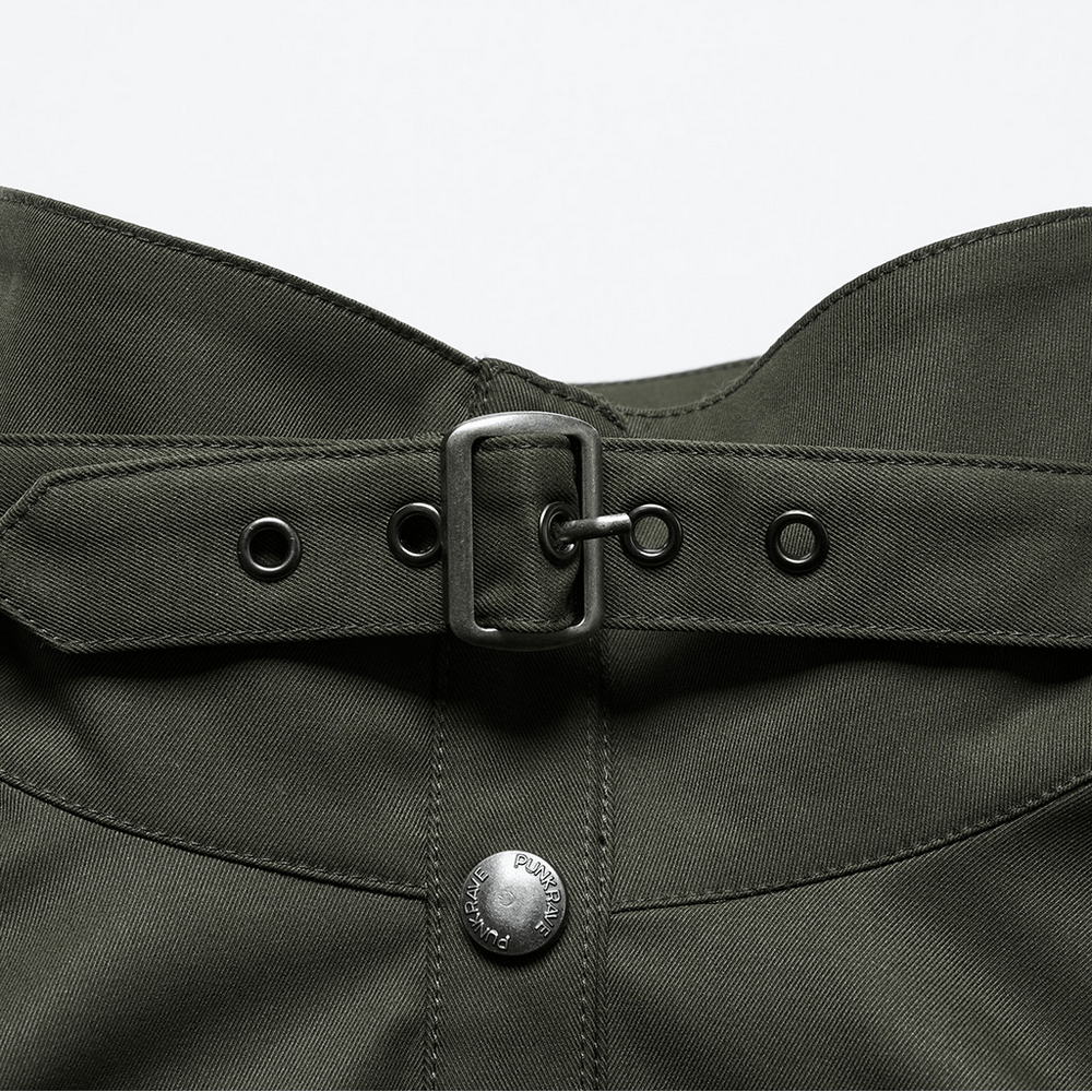 Close-up of adjustable collar and buckle on military style short jacket with distressed rivets.