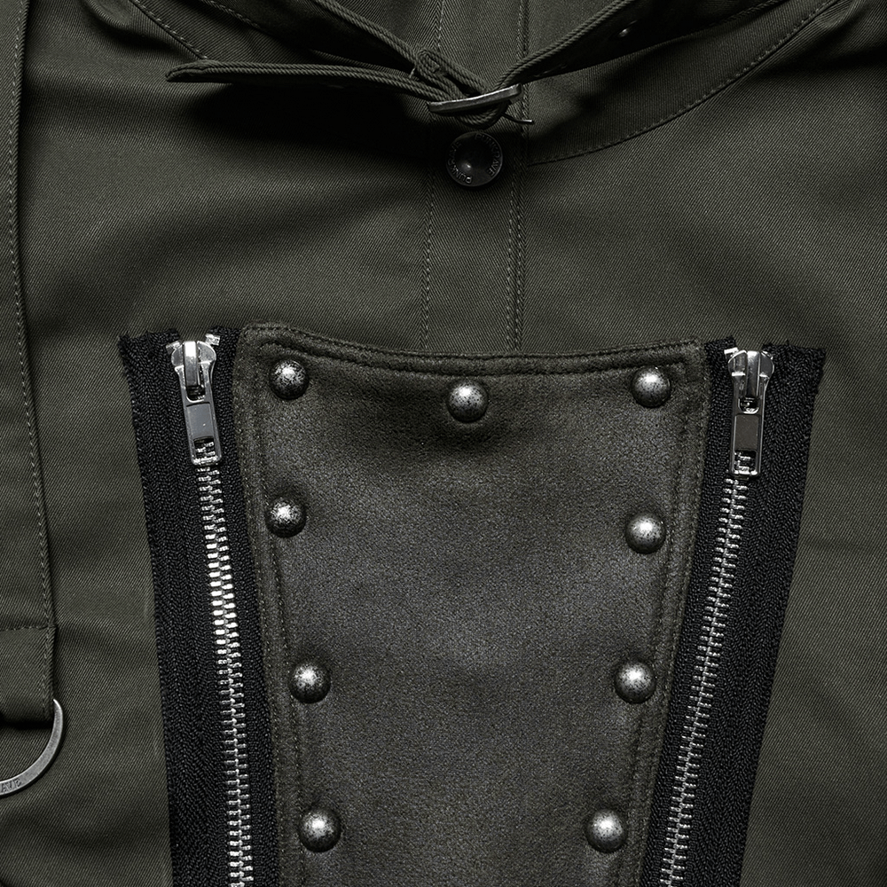 Close-up of military style jacket detailing with distressed rivets and zippers, showcasing punk-inspired design.